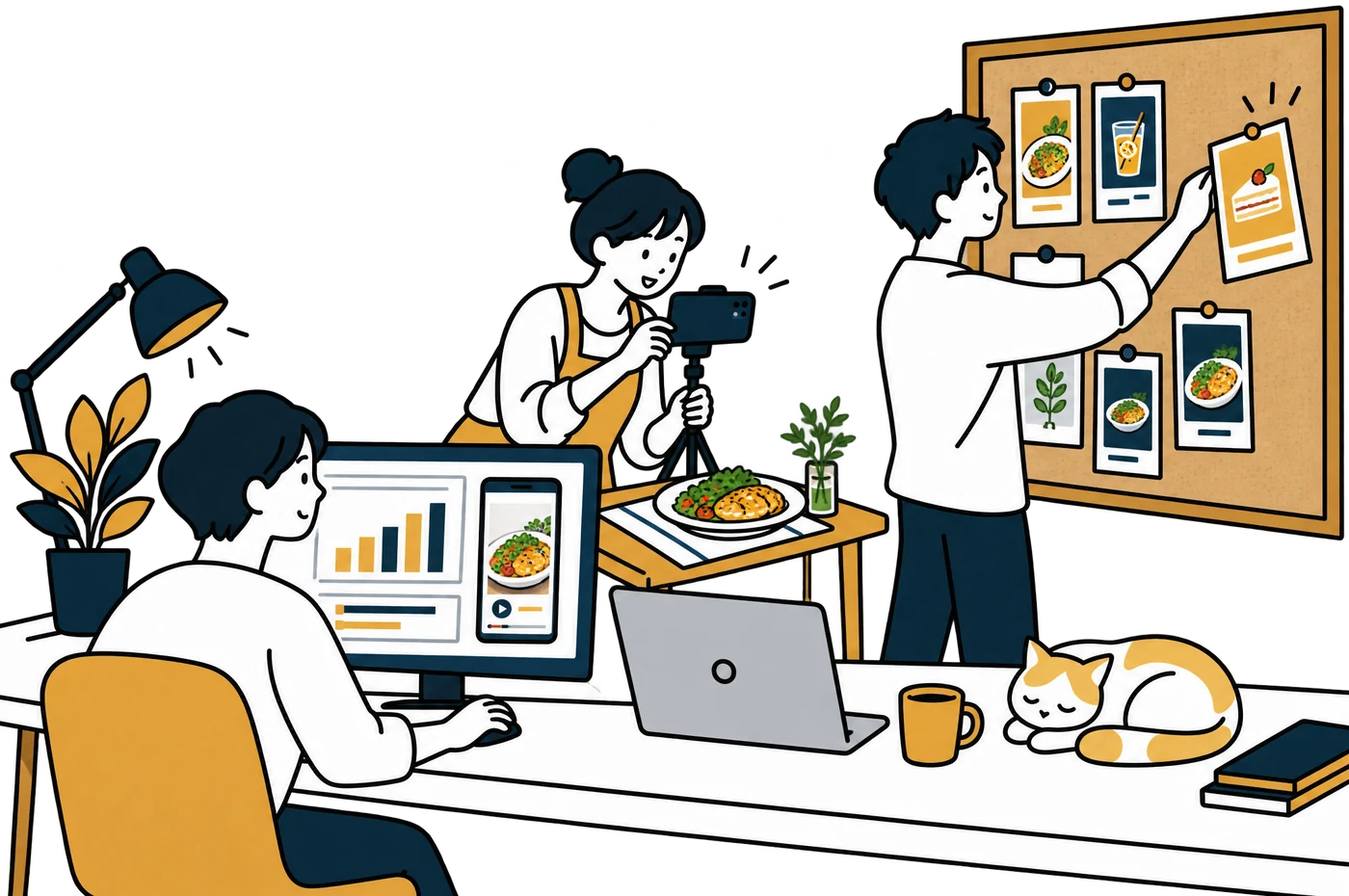 分析・撮影・差し替えを分担して進めるチームのイラスト